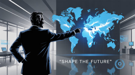 A businessman in a suit points to a glowing blue world map projected on a screen in a modern office.の素材