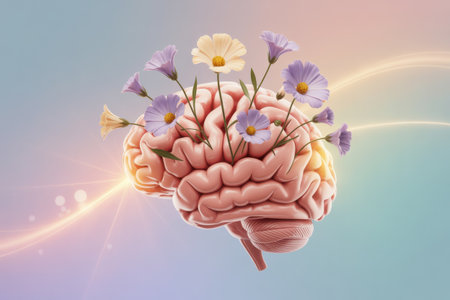 A stylized human brain with delicate flowers blooming from its surface, symbolizing growth and creativity.の素材