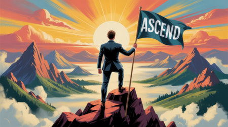 A businessman in a suit stands on a mountain peak, holding a flag that says "ASCEND" at sunrise.の素材