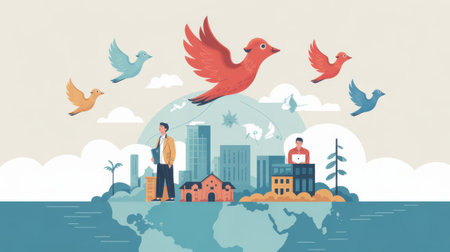 Stylized illustration of birds flying over a globe with a cityscape and people, symbolizing global connection and communication.の素材