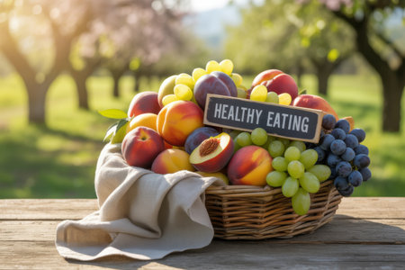 A woven basket overflowing with fresh peaches, plums, and grapes sits on a wooden table in an orchard.の素材