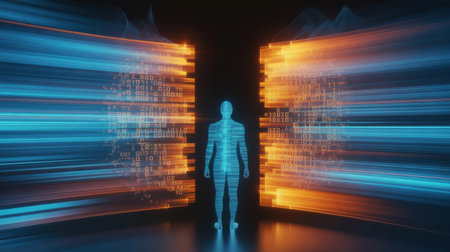 A blue digital human silhouette stands centered between two glowing vertical panels filled with binary code and streaking orange and blue light.の素材