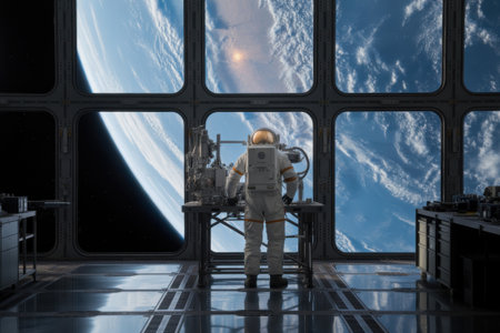 Astronaut working on equipment inside a space station with Earth viewの素材