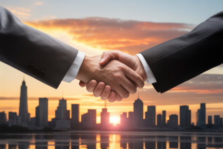 Two businessmen shake hands in front of a city skyline at sunset, symbolizing a successful deal.の素材