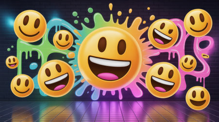 Numerous yellow emojis with various happy expressions float against a backdrop of vibrant, dripping paint splashes in green, blue, orange, and pink. The scene is set against a dark brick wall illuminated by neon lights, with a reflective floor.の素材
