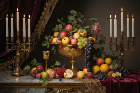 A baroque still life features a golden fruit bowl overflowing with apples grapes and oranges beside ornate candelabra with lit candles and a red velvet drapeの素材