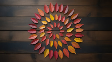 Autumn leaves in red, yellow, and orange hues are arranged in a circular pattern on a dark wooden surface.の素材