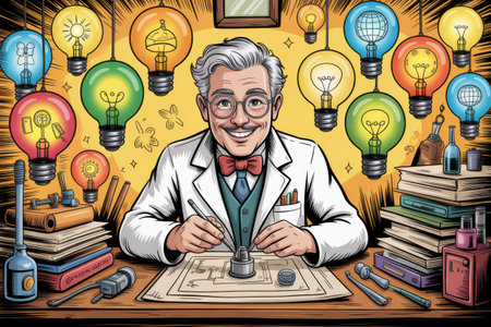 A smiling cartoon scientist in a lab coat sits at a desk surrounded by colorful light bulbs representing ideas. He is drafting on a blueprint with various tools and books.の素材