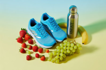 Blue running shoes are arranged with fresh strawberries, grapes, a banana, and a water bottle.の素材