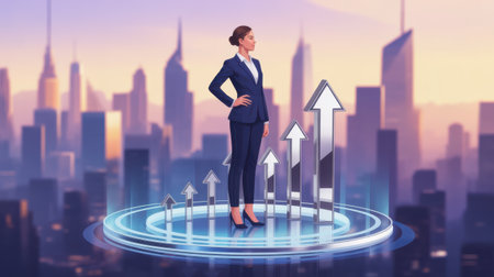 A confident businesswoman in a suit stands on a platform with rising arrows against a city skyline.の素材