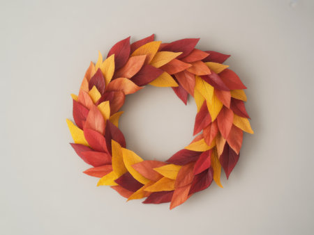 A circular wreath made of red, orange, and yellow autumn leaves against a neutral background.の素材