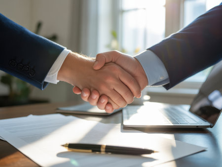 Two businessmen in suits shake hands over a contract on a desk, with a laptop and pen nearby.の素材