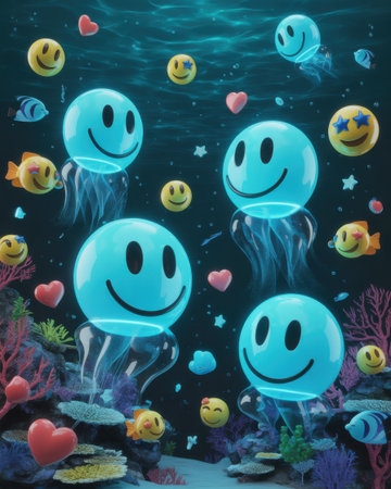 Blue smiley face jellyfish drift in a dark ocean with colorful coral, fish, and hearts.の素材