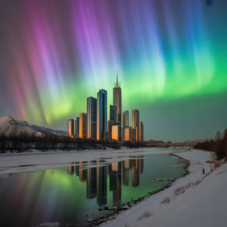 Aurora Borealis Shines Over Snowy Cityscape and Reflecting Riverの素材