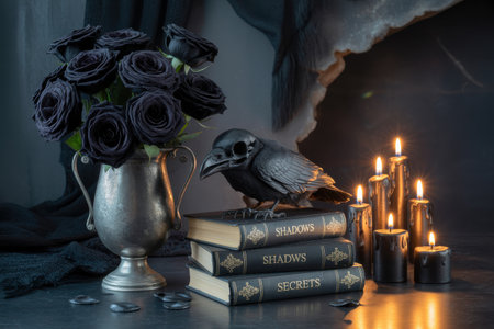 Dark still life with black roses in a silver vase, a crow sculpture on books, and lit black candles casting a moody glow.の素材