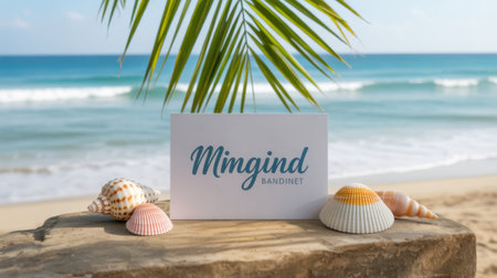 Beach Scene with Seashells and a Card Featuring "Mimgind Bandinet" Logoの素材