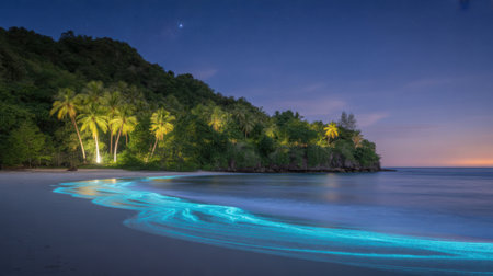 Bioluminescent Beach at Night with Palm Trees and Starry Skyの素材