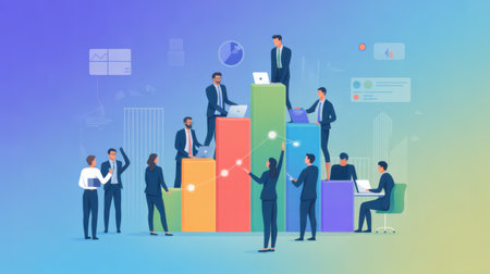 Business professionals collaborate around a colorful growth chart, using laptops and analyzing data for success.の素材