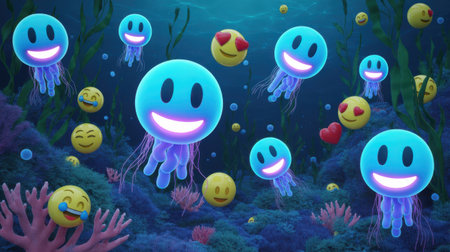 Blue glowing jellyfish with smiling faces float among yellow emojis and coral in a dark underwater scene with seaweed and bubbles.の素材