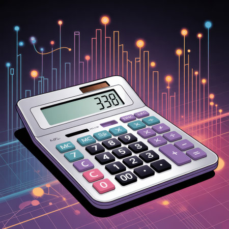 A calculator sits in front of a vibrant, abstract background of glowing data visualizations.の素材