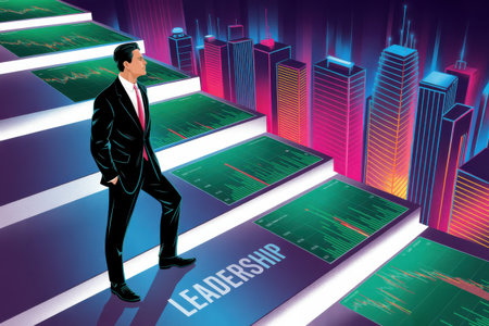 A businessman in a suit stands on steps displaying financial charts, ascending towards a vibrant cityscape.の素材