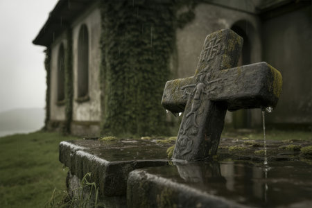 An aged stone cross covered in moss stands in a flooded area of a cemetery during a rain shower. Water drips from the cross and pools around its base, reflecting the overcast sky.の素材