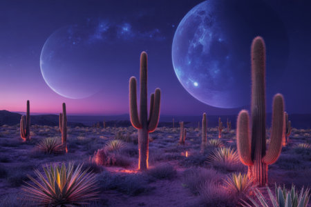 Alien Desert Landscape with Giant Planets in a Purple Night Skyの素材