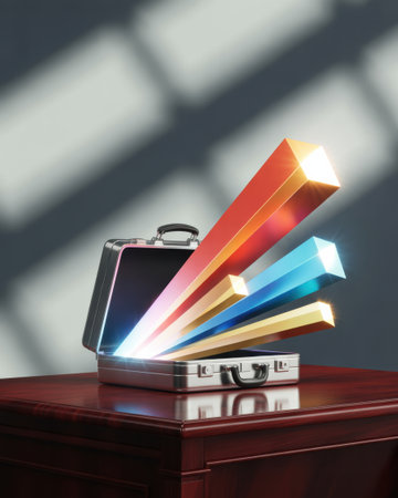 An open briefcase on a wooden desk emits vibrant, colorful beams of light, symbolizing innovation and new ideas.の素材