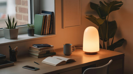 A warm desk setup with a glowing lamp, stacked books, a mug, and plants, perfect for focused work or study.の素材