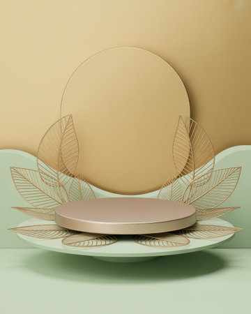 A circular podium with gold wireframe leaves sits on a pastel green platform against a beige background with a large circle.の素材