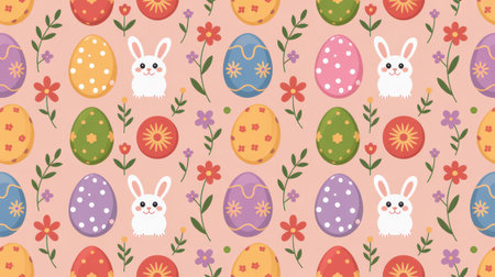 A charming seamless pattern featuring cute bunnies, colorful Easter eggs, and delicate flowers on a pink background.の素材