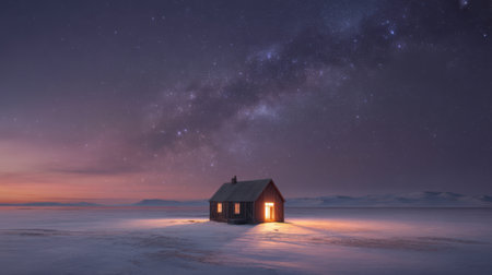 A solitary cabin glows warmly under a vast, starry night sky in a serene, snow-covered landscape.の素材
