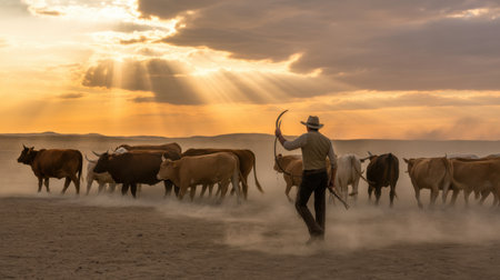 Cowboy Herding Cattle at Sunset with Sunbeams Through Cloudsの素材