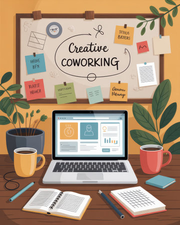 A cozy and modern coworking space setup featuring a laptop, coffee, plants, and a whiteboard with notes.の素材