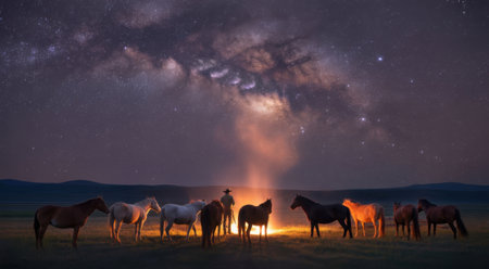 Cowboy and Horses Gathered Around a Campfire Under the Milky Wayの素材