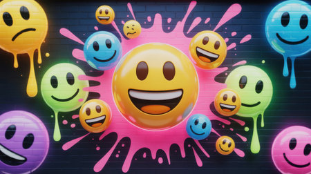 A vibrant 3D illustration of colorful, glossy emoticon faces with various expressions, dripping like paint onto a dark brick wall with pink paint splatters.の素材