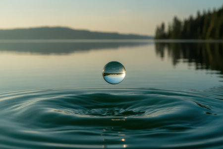 A crystal ball hovers above rippling water, reflecting a serene lake and distant treeline at dawn.の素材