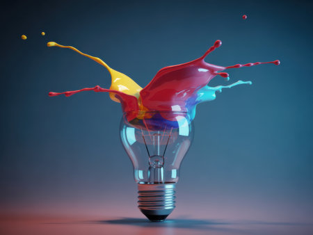 A light bulb erupts with vibrant splashes of red, yellow, and cyan paint, symbolizing a bright idea.の素材