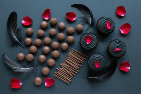Flat lay of dark chocolate truffles, black frosted cupcakes, black feathers, and red rose petals on a dark grey background.の素材
