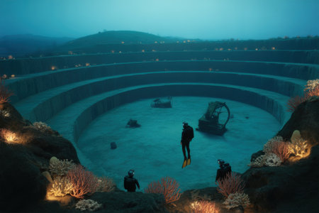 Divers Explore Underwater Terraced Structure with Ancient Machineryの素材