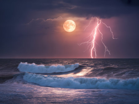 A dramatic full moon illuminates a powerful lightning strike over the turbulent ocean waves at night.の素材