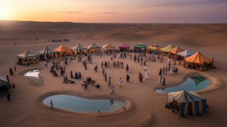 Desert Oasis Marketplace with Colorful Tents and People at Sunsetの素材