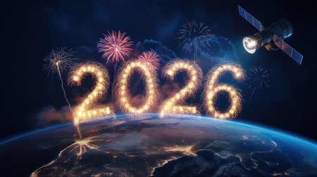 Earth at night illuminated by city lights with glowing 2026 fireworks and a satellite in the dark sky.の素材