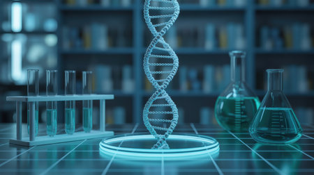 A 3D render of a DNA helix, test tubes, and flasks in a futuristic, blue-lit laboratory.の素材