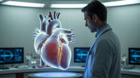 A doctor in a lab coat studies a glowing holographic human heart, with monitors displaying medical data in the background.の素材