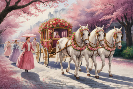 A watercolor painting shows a pink carriage pulled by three white horses decorated with roses, with women in vintage dresses holding parasols walking alongside.の素材
