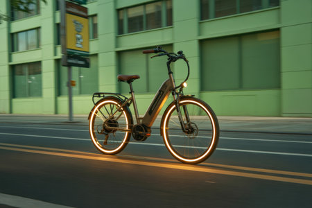 An electric bike with illuminated wheels rides down a blurred city street with a green building in the background.の素材