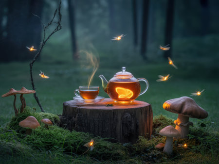 Enchanted Forest Tea Time with Fireflies and Mushroomsの素材