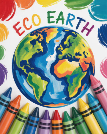 A vibrant illustration of planet Earth surrounded by colorful crayons and brush strokes, promoting environmental awareness.の素材