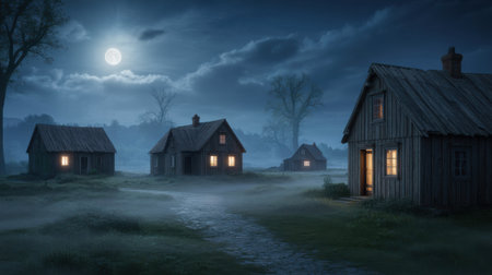A moonlit night with fog blankets a rustic village of glowing wooden houses.の素材